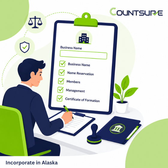 Countsure illustrated guide to incorporate in Alaska — business professional completing incorporation checklist covering business name, name reservation, members, management, and certificate of formation for Alaska LLC and corporation registration