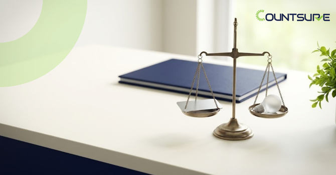 Countsure intangible asset valuation - brass balance scale weighing a lightbulb representing intellectual property and ideas against tangible documents, symbolizing the appraisal of intangible business assets including patents, trademarks, and goodwill