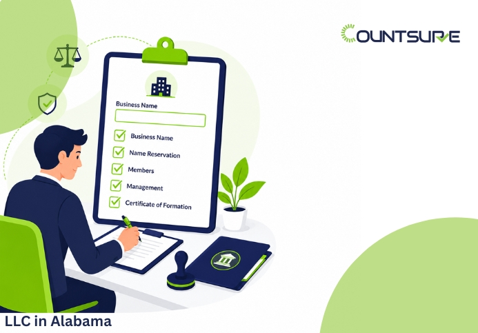 Countsure illustrated guide on forming an LLC in Alabama — business professional completing LLC formation checklist covering business name, name reservation, members, management, and certificate of formation