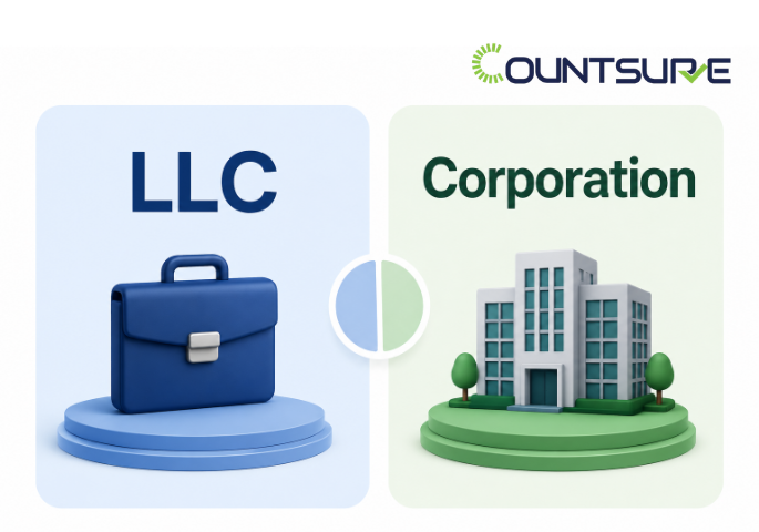 Countsure comparison infographic of LLC vs Corporation — briefcase icon representing LLC flexibility on blue background versus commercial building representing corporate structure on green background showing key business entity differences