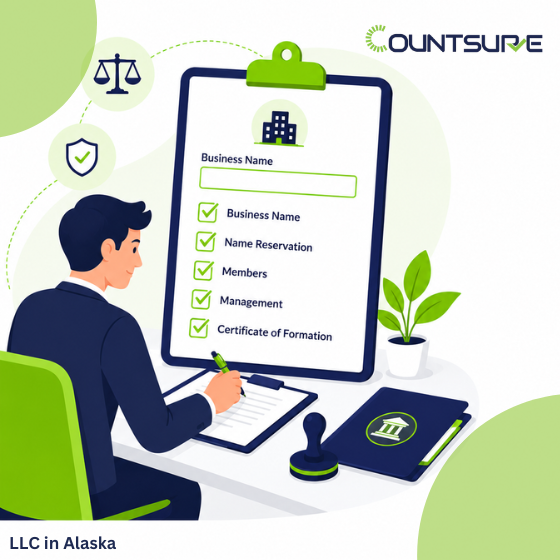 Countsure illustrated guide on forming an LLC in Alaska — business professional completing Alaska LLC formation checklist covering business name, name reservation, members, management, and certificate of formation