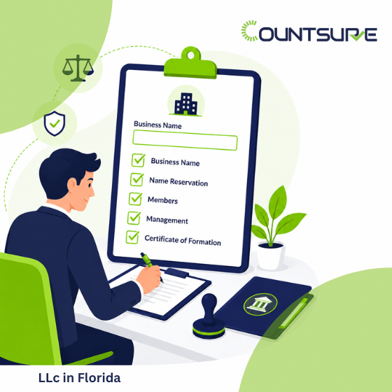 Countsure illustrated guide on forming an LLC in Florida — business professional completing Florida LLC formation checklist covering business name, name reservation, members, management, and certificate of formation
