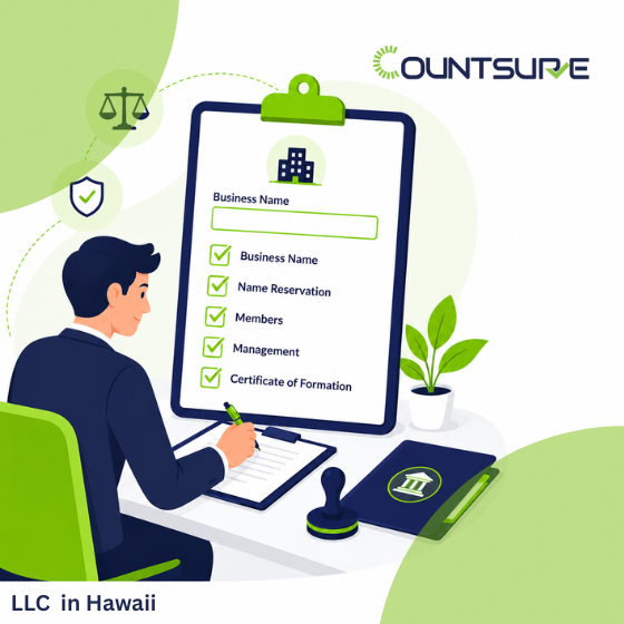Countsure illustrated guide on forming an LLC in Hawaii — business professional completing Hawaii LLC formation checklist covering business name, name reservation, members, management, and certificate of formation