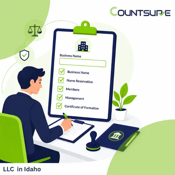 Countsure illustrated guide on forming an LLC in Idaho — business professional completing Idaho LLC formation checklist covering business name, name reservation, members, management, and certificate of formation