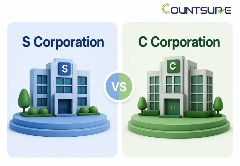 Countsure comparison infographic of S Corporation vs C Corporation — two 3D commercial buildings on blue and green platforms labeled S and C representing key structural, tax, and ownership differences between S Corp and C Corp business entities