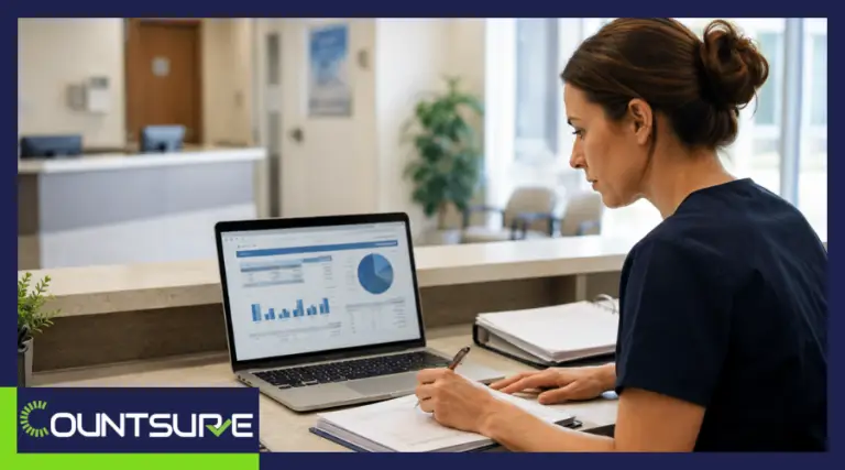 Practice manager reviewing a medical practice chart of accounts on a laptop at a clinic front desk