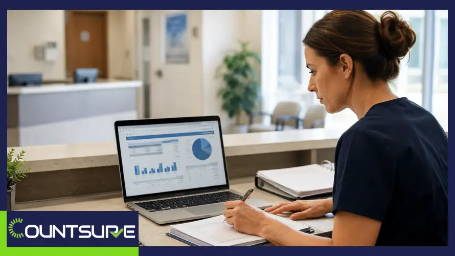 Practice manager reviewing a medical practice chart of accounts on a laptop at a clinic front desk