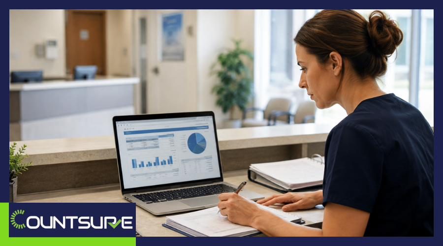 Practice manager reviewing a medical practice chart of accounts on a laptop at a clinic front desk