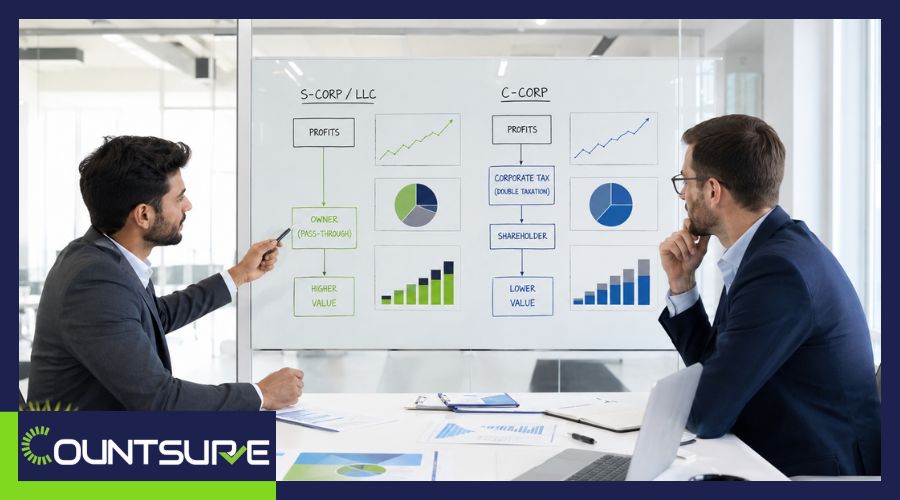 Countsure advisory session showing two business professionals comparing S-Corp LLC vs C-Corp tax structures on a whiteboard — illustrating pass-through taxation and higher value for S-Corp LLC versus corporate double taxation and lower shareholder value for C-Corp