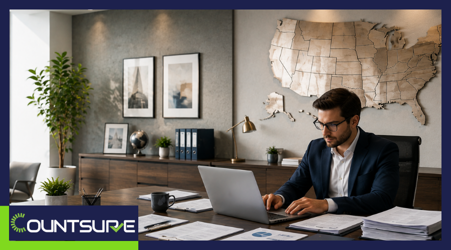 Countsure advisor working at a laptop in an office with a wooden United States map on the wall, surrounded by tax documents and files