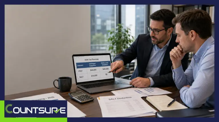 Countsure advisors reviewing a 2026 tax planning spreadsheet comparing PTET and SALT deduction scenarios, with SALT deduction paperwork and a calculator on the desk