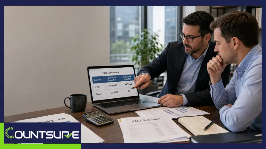 Countsure advisors reviewing a 2026 tax planning spreadsheet comparing PTET and SALT deduction scenarios, with SALT deduction paperwork and a calculator on the desk