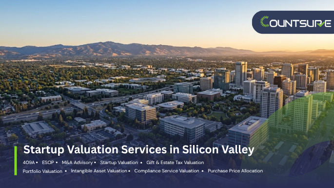 Countsure startup valuation services in Silicon Valley — aerial view of San Jose and Silicon Valley tech corridor at golden sunset showcasing 409A, ESOP, M&A advisory, startup valuation, gift and estate tax, portfolio, intangible asset, compliance, and purchase price allocation services