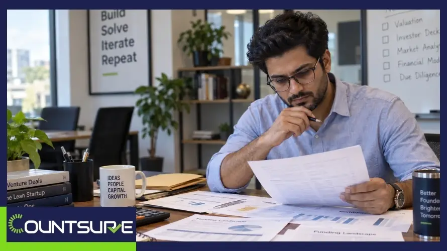 Startup founder reviewing valuation documents for different funding stages