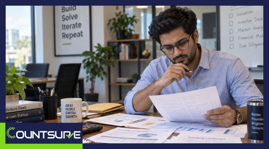 Startup founder reviewing valuation documents for different funding stages