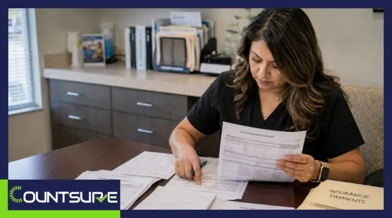 Medical billing specialist reviewing insurance payment reconciliation, ERA 835 report, payment posting records, and bank deposits.
