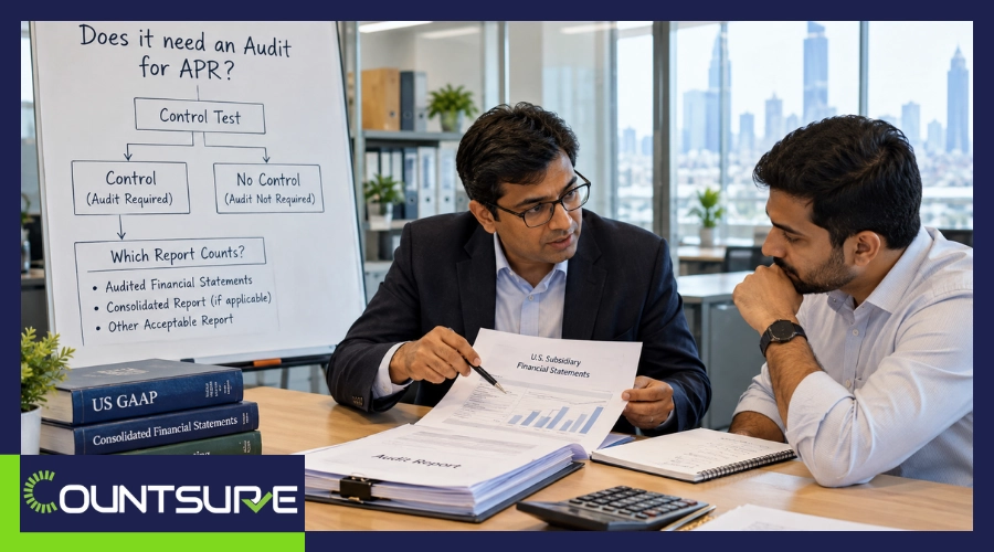 APR audit requirements for Indian companies with US subsidiaries, explaining the control test and which financial statements or audit reports may be required.