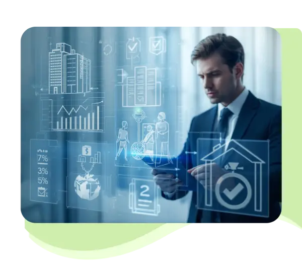 Financial professional analyzing gift and estate tax valuation data with digital overlays showing real estate, business assets, tax rates, and IRS-compliant appraisal icons